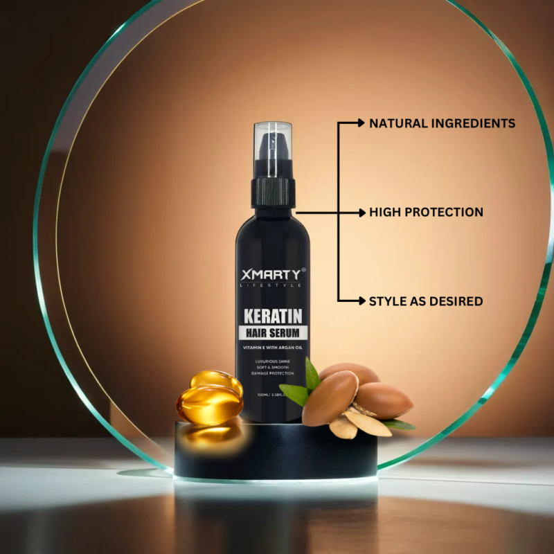 Keratin Hair Serum Vitamin E With Argan Oil Luxurious Shine Soft And Smooth Damage Protection for Frizz Control & Strength - 100ml | Xmarty Serum - Image 2